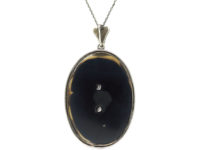 Art Deco Silver, Onyx & Marcasite Pendant with Flower Basket Motif on Silver Chain