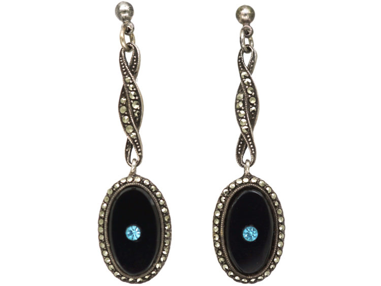 Art Deco Silver, Onyx, Marcasite & Paste Drop Earrings