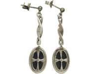 Art Deco Silver, Onyx, Marcasite & Paste Drop Earrings