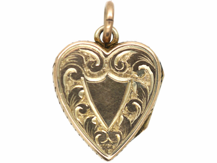 Edwardian 9ct Gold Heart Shaped Locket with Flower & Shield Engraving