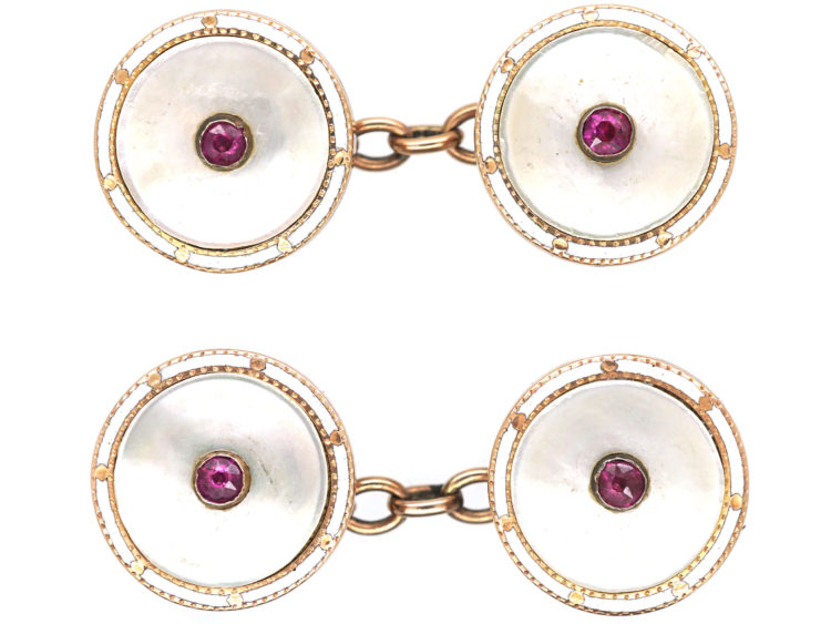 Edwardian 15ct Gold Round Mother of Pearl, White Enamel & Ruby Cufflinks