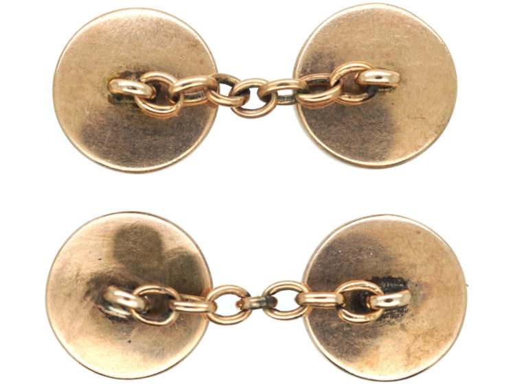 Edwardian 15ct Gold Round Mother of Pearl, White Enamel & Ruby Cufflinks