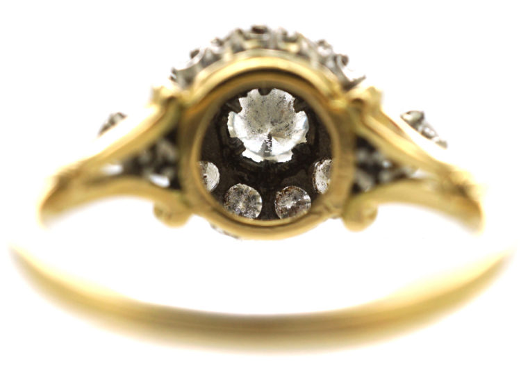 Edwardian 18ct Gold & Platinum Diamond Cluster Ring with Diamond Set Shoulders