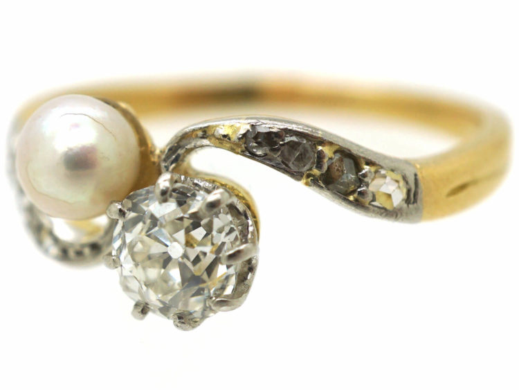 Edwardian 18ct Gold & Platinum, Diamond & Pearl Crossover Ring