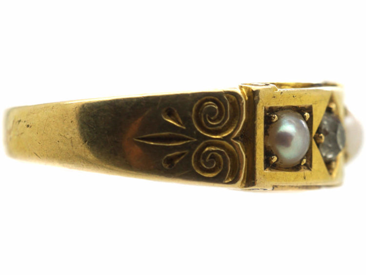 Victorian 18ct Gold, Diamond & Natural Split Pearl Ring
