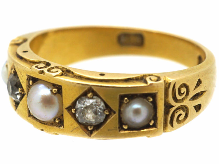 Victorian 18ct Gold, Diamond & Natural Split Pearl Ring