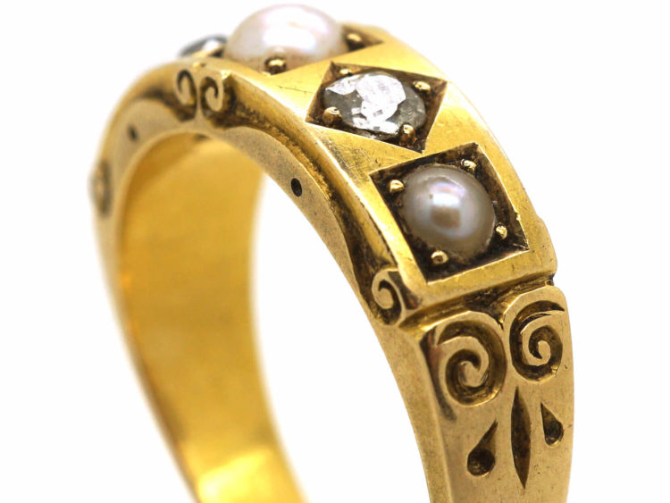 Victorian 18ct Gold, Diamond & Natural Split Pearl Ring