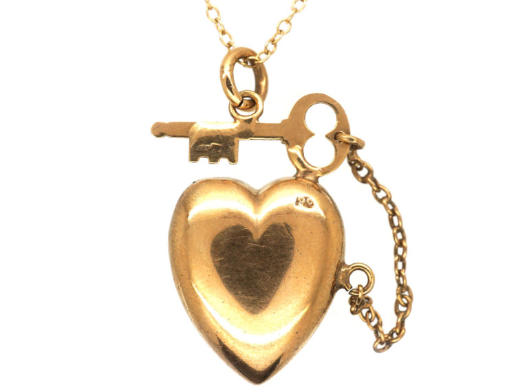 Edwardian 9ct Gold Heart & Key to Your Heart Pendant on 9ct Gold Chain