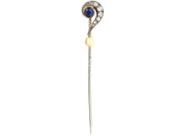 Edwardian Question Mark Tie Pin set with a Sapphire, Diamonds & a Natural Pearl