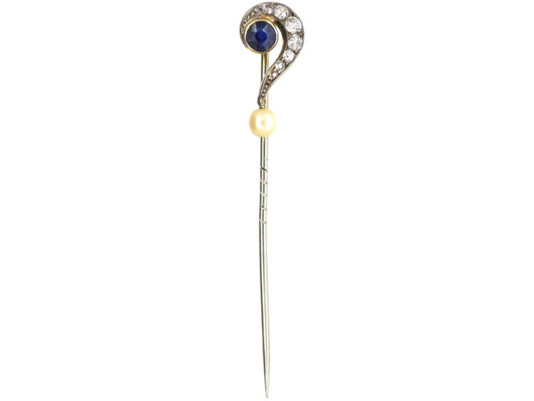 Edwardian Question Mark Tie Pin set with a Sapphire, Diamonds & a Natural Pearl