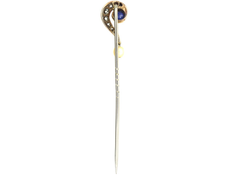 Edwardian Question Mark Tie Pin set with a Sapphire, Diamonds & a Natural Pearl