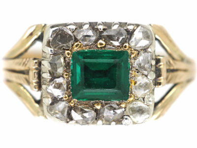 Georgian 15ct Gold, Emerald & Rose Diamond Rectangular Design Ring Georgian 15ct Gold, Emerald & Rose Diamond Rectangular Design Ring
