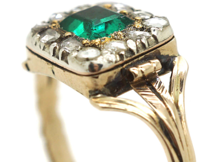 Georgian 15ct Gold, Emerald & Rose Diamond Rectangular Design Ring
