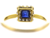 Art Deco 18ct Gold & Platinum, Sapphire & Diamond Square Ring