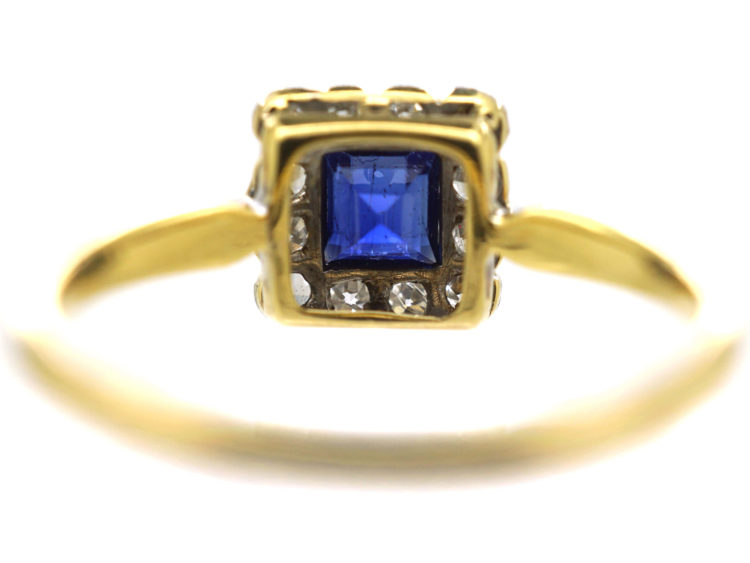 Art Deco 18ct Gold & Platinum, Sapphire & Diamond Square Ring
