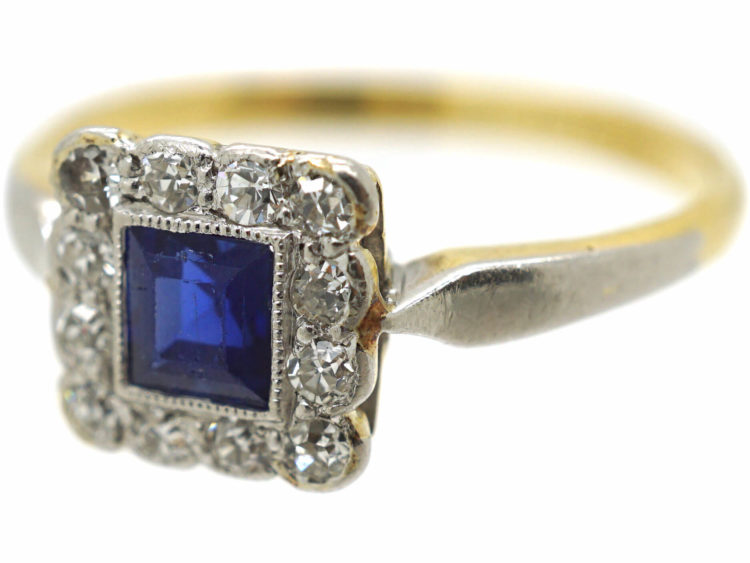 Art Deco 18ct Gold & Platinum, Sapphire & Diamond Square Ring