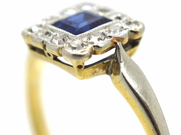 Art Deco 18ct Gold & Platinum, Sapphire & Diamond Square Ring