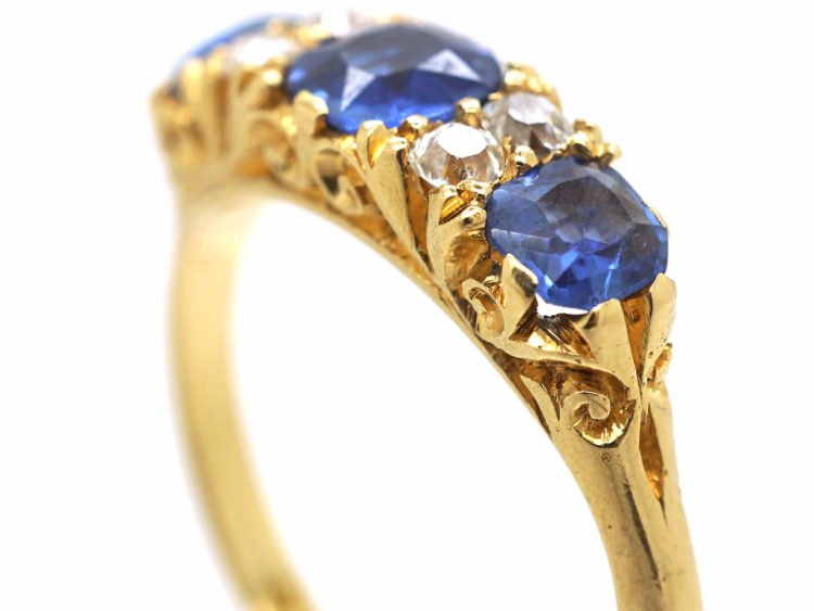 Edwardian 18ct Gold Sapphire & Diamond Carved Half Hoop Ring