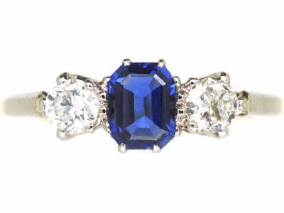 Edwardian 18ct Gold & Platinum, Three Stone Sapphire & Diamond Ring