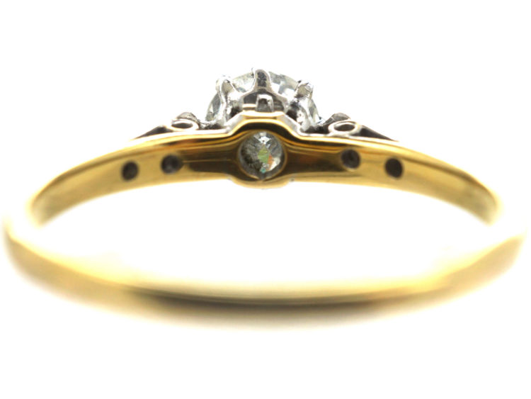 Retro 18ct Gold & Platinum, Diamond Solitaire Ring with Diamond Set Shoulders