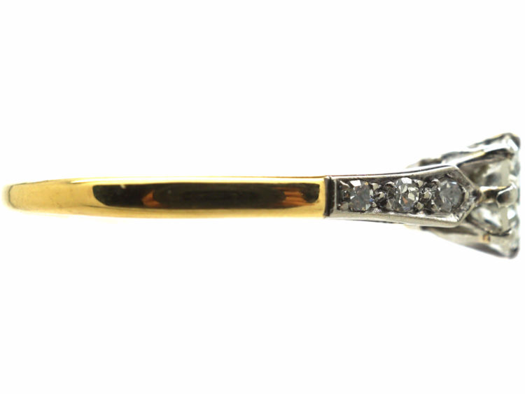 Retro 18ct Gold & Platinum, Diamond Solitaire Ring with Diamond Set Shoulders