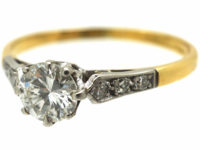 Retro 18ct Gold & Platinum, Diamond Solitaire Ring with Diamond Set Shoulders