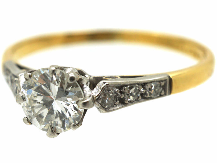 Retro 18ct Gold & Platinum, Diamond Solitaire Ring with Diamond Set Shoulders