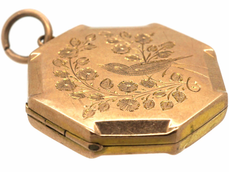 Edwardian 9ct Back & Front Octagonal Shaped Locket with Swallow Motif