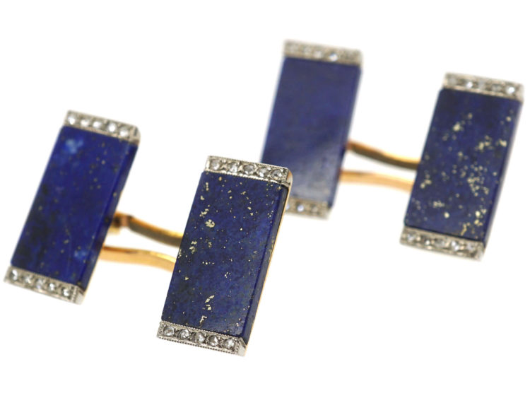 French Art Deco 18ct Gold Lapis Lazuli & Rose Diamond Cufflinks