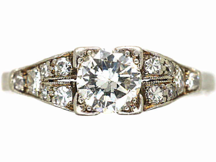 Art Deco Platinum & Diamond Solitaire Ring with Diamond Set Shoulders