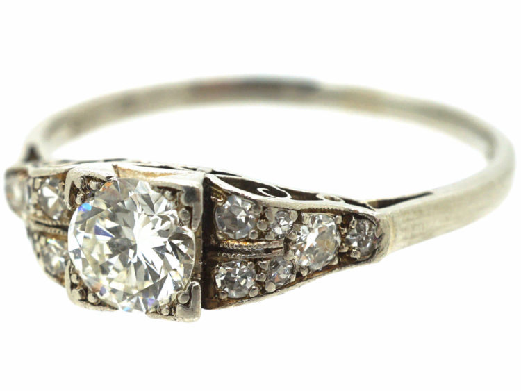 Art Deco Platinum & Diamond Solitaire Ring with Diamond Set Shoulders