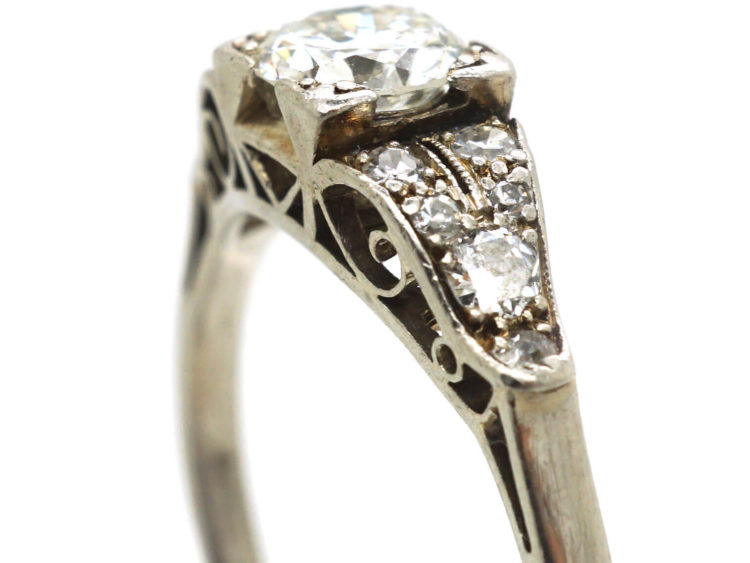 Art Deco Platinum & Diamond Solitaire Ring with Diamond Set Shoulders
