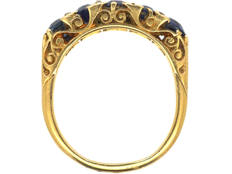 Victorian 18ct Gold Five Stone Sapphire & Rose Diamond Carved Half Hoop Ring