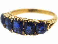Victorian 18ct Gold Five Stone Sapphire & Rose Diamond Carved Half Hoop Ring