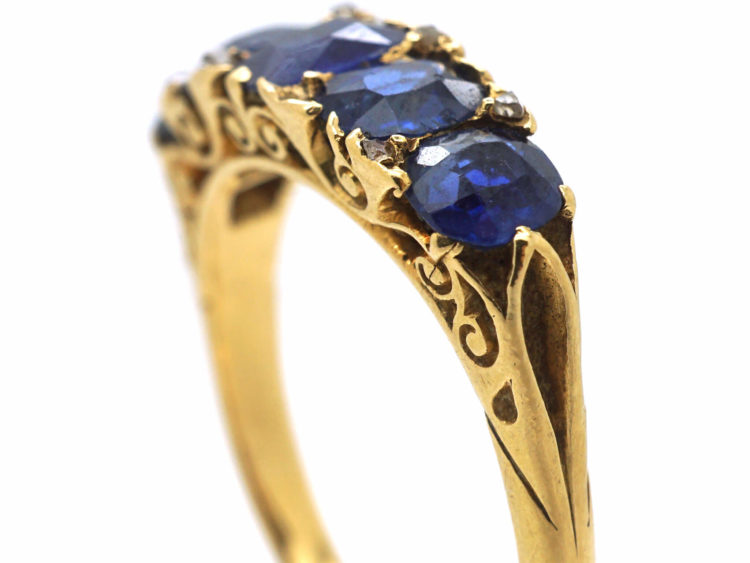 Victorian 18ct Gold Five Stone Sapphire & Rose Diamond Carved Half Hoop Ring
