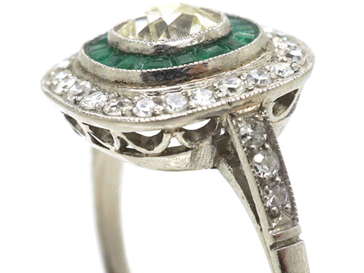 Art Deco Platinum, Emerald & Diamond Target Ring