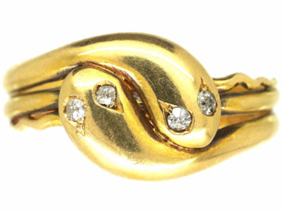 Victorian 18ct Gold Entwined Double Snake Ring with Diamond Set Eyes