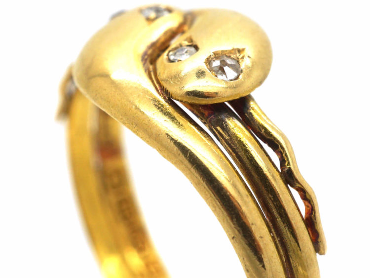 Victorian 18ct Gold Entwined Double Snake Ring with Diamond Set Eyes