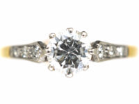Art Deco 18ct Gold & Platinum, Diamond Solitaire Ring with Diamond Set Shoulders
