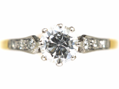 Art Deco 18ct Gold & Platinum, Diamond Solitaire Ring with Diamond Set Shoulders
