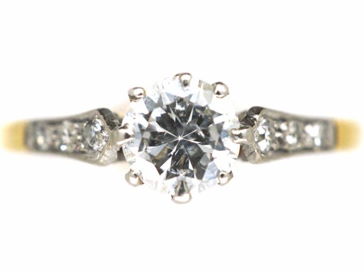 Art Deco 18ct Gold & Platinum, Diamond Solitaire Ring with Diamond Set Shoulders