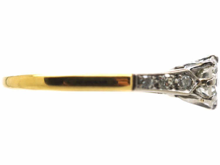 Art Deco 18ct Gold & Platinum, Diamond Solitaire Ring with Diamond Set Shoulders