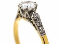 Art Deco 18ct Gold & Platinum, Diamond Solitaire Ring with Diamond Set Shoulders