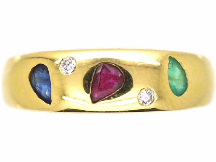 18ct Gold Sapphire, Emerald, Ruby & Diamond Ring