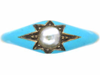 Early Victorian 15ct Gold, Blue Enamel & Natural Split Pearl Ring