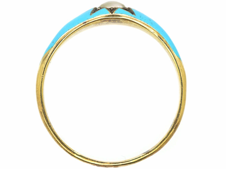 Early Victorian 15ct Gold, Blue Enamel & Natural Split Pearl Ring