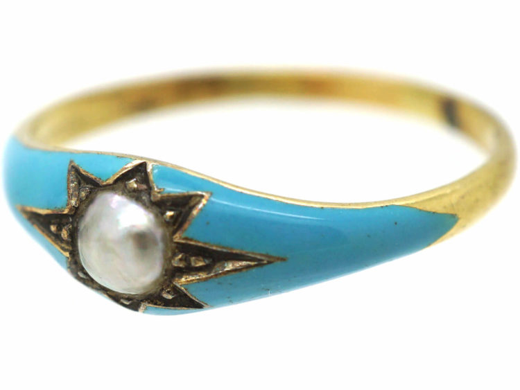 Early Victorian 15ct Gold, Blue Enamel & Natural Split Pearl Ring