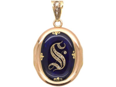 French 18ct Gold, Blue Enamel & Rose Diamond Oval Locket with the Letter S