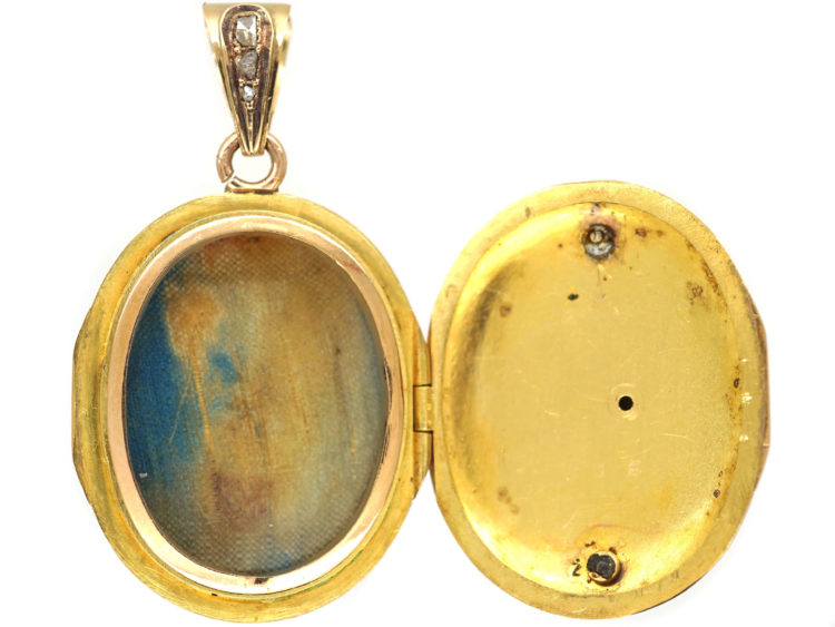 French 18ct Gold, Blue Enamel & Rose Diamond Oval Locket with the Letter S