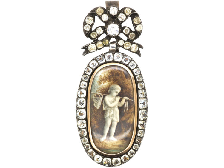 French Early 19th Century Silver & Paste Miniature Pendant of a Young Boy With Fishing Net & Fish